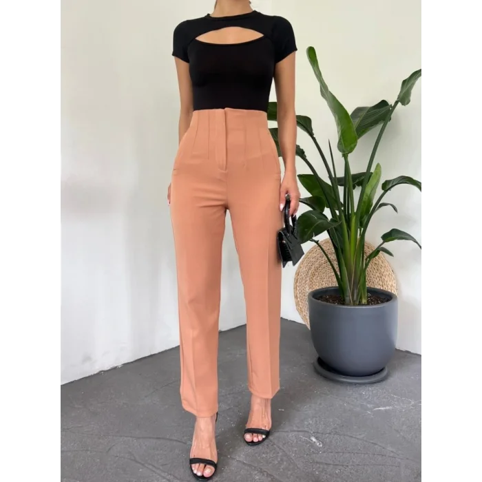 Yüksek Bel Cep Detaylı Fermuarlı Pantolon  -Tarçın