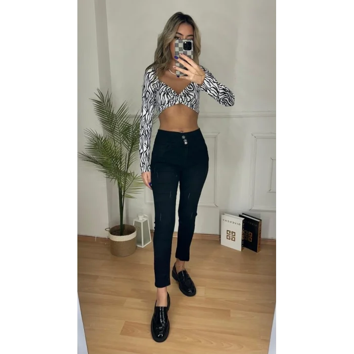 Yüksek Bel Likralı Jean Pantolon 90 Cm
