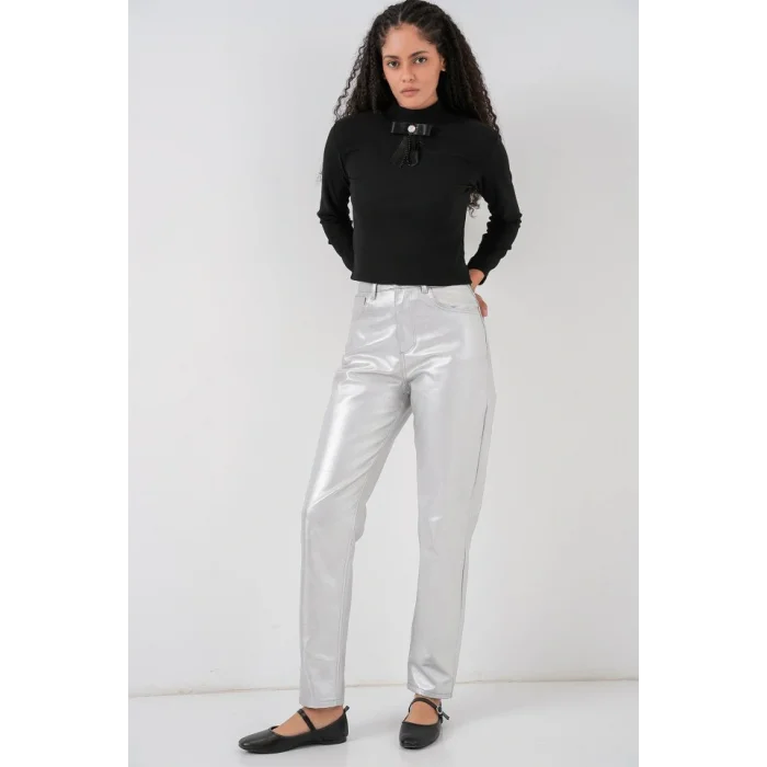 Yüksek Bel Parlak Pantolon 6738 - Gümüş