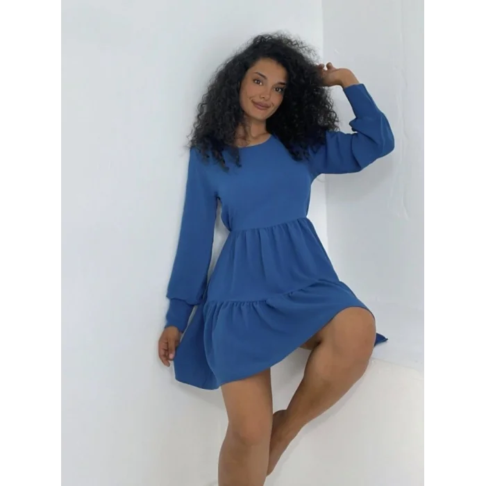 Yuvarlak Yaka Beli Lastikli Eteği Katlı Ayrobin Elbise -İndigo