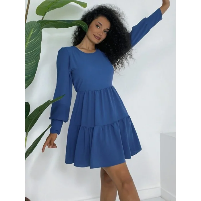 Yuvarlak Yaka Beli Lastikli Eteği Katlı Ayrobin Elbise -İndigo