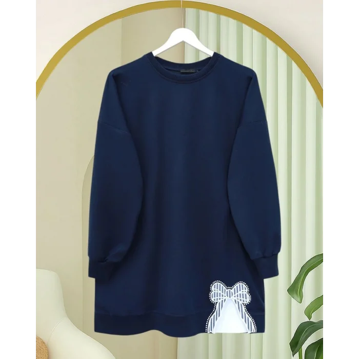 Yuvarlak Yaka Eteği Fiyonk Detaylı  Salaş Penye Tunik  -Laci