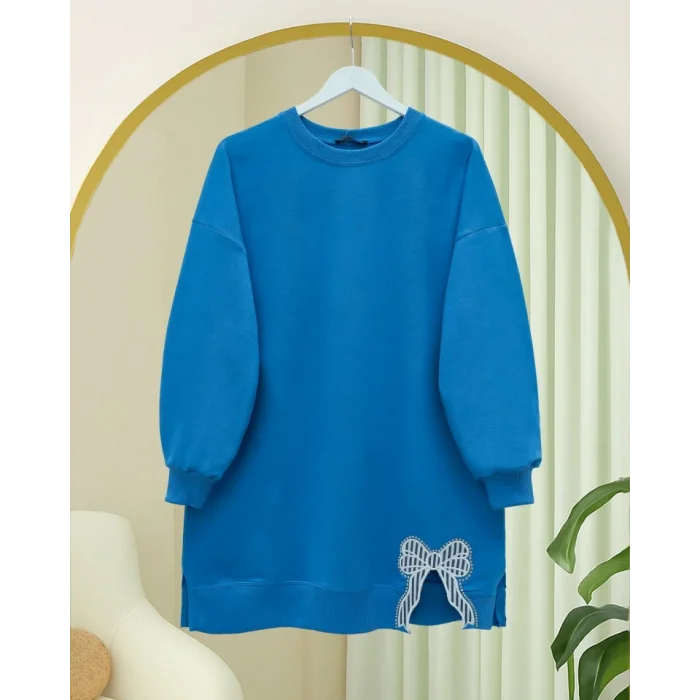 Yuvarlak Yaka Eteği Fiyonk Detaylı  Salaş Penye Tunik -Mavi