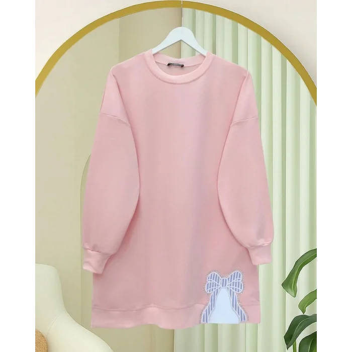 Yuvarlak Yaka Eteği Fiyonk Detaylı  Salaş Penye Tunik  -Pudra