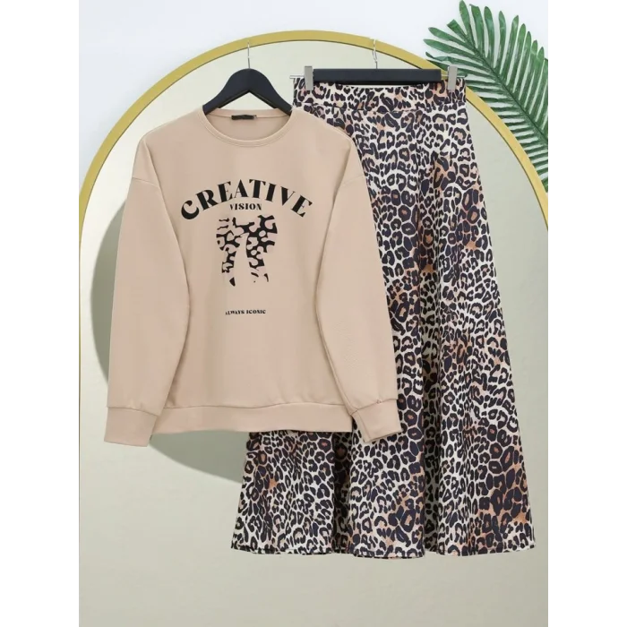 Yuvarlak Yaka Fiyonk Baskılı Leopar Etekli Takım -Bej