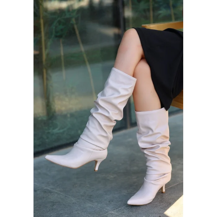 Zelya Bej Cilt Topuklu Çizme