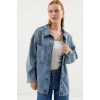 0694 Çift Cepli Oversize Denim Ceket - Buz Mavi
