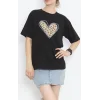 14 Şubat Sevgililer Günü Leopar Kalp Baskılı Oversize Bisiklet Yaka T-shirt - Siyah
