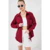 20153 Tek Cepli Oversize Keten Gömlek - Bordo