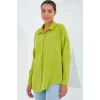 20153 Tek Cepli Oversize Keten Gömlek - Yağ Yeşil