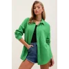 20153 Tek Cepli Oversize Keten Gömlek - Yeşil