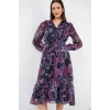 2137 Desenli Şifon Elbise - Koyu Lila
