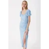 2396 Yırtmaçlı Yazlık Örme Elbise - Mavi