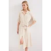 2442 Kuşaklı Gömlek Elbise - Krem