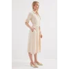 2442 Kuşaklı Gömlek Elbise - Krem