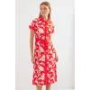 2455 Desenli Gömlek Elbise - Kırmızı