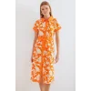 2455 Desenli Gömlek Elbise - Turuncu