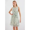 2501 Desenli Sıfır Kol Şifon Elbise - Mint