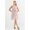 2501 Desenli Sıfır Kol Şifon Elbise - Pembe