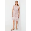 2501 Desenli Sıfır Kol Şifon Elbise - Pembe