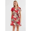 2502 Kısa Kol Desenli Şifon Elbise - Kırmızı