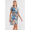 2502 Kısa Kol Desenli Şifon Elbise - Mavi