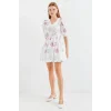 2506 Desenli V Yaka Mini Kloş Elbise - Ekru