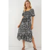 2512 Desenli Yırtmaçlı Elbise - D. Siyah