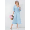 2570 Beli Büzgülü V Yaka Elbise - Mavi