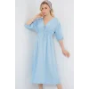2570 Beli Büzgülü V Yaka Elbise - Mavi
