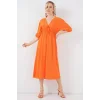 2570 Beli Büzgülü V Yaka Elbise - Turuncu