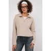 55449 Fermuarlı Yaka Örme Sweatshirt - Krem