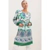 5902 Kemerli Desenli Elbise - Yeşil