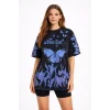 Asit Yıkamalı Oversize Tişört Mavi Kelebek Baskılı Dijital Print Bisiklet Yaka Streetwear T-Shirt - Siyah