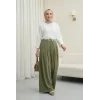 Beli Bağcıklı Pliseli Bol Paça İthal Krep Pantolon -Haki