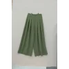 Beli Bağcıklı Pliseli Bol Paça İthal Krep Pantolon -Haki