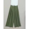 Beli Bağcıklı Pliseli Bol Paça İthal Krep Pantolon -Haki