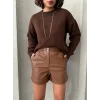 Beli lastikli çıtçıtlı deri şort kahve w241007
