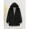 Beli Lastikli Kapşonlu Fermuarlı Peluş Mont -Siyah