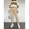 Beli Lastikli Yüksek Bel Kot Pantolon -Vizon