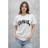 Bisiklet Yaka Ön Baskılı Kısa Kollu Tişört Streetwear Günlük Basic Pamuklu T-shirt - Beyaz