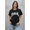 Bisiklet Yaka Ön Baskılı  Kısa Kollu Tişört Streetwear Günlük Basic Pamuklu T-shirt - Siyah