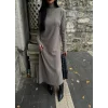 Boğazlı kalın bürümcük uzun elbise vizon