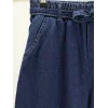 Bol Paça Beli Lastikli Kuşaklı Kot Pantolon -İndigo