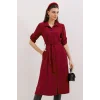 Bordo Kuşaklı Gömlek Elbise 2442