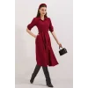 Bordo Kuşaklı Gömlek Elbise 2442