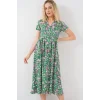 Boydan Düğmeli Kısa Kol Çiçekli Elbise 2561 - Yeşil