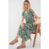 Boydan Düğmeli Kısa Kol Çiçekli Elbise 2561 - Yeşil