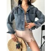 Çift cepli kol katlamalı kar yıkama crop kot ceket kahve tint d2000