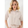 Çizgili Crop Gömlek 20342 - Bej